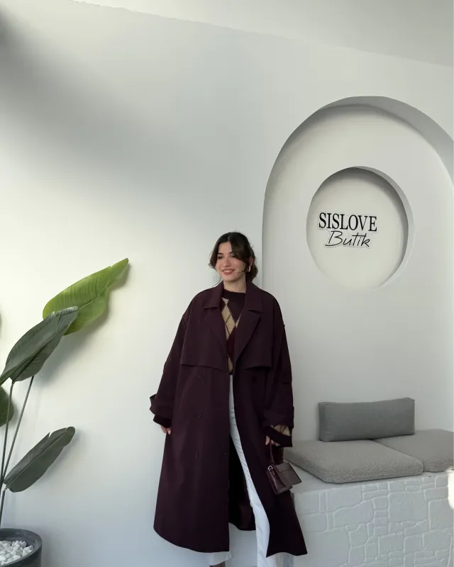 ترانشكوت اوفر سايز طويل - خمري ترانشكوت اوفر سايز طويل - خمري