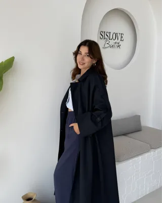 ترانشكوت اوفرسايز طويل - كحلي